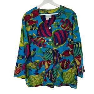 Vintage Nordstrom Size M Silk Button Up Shirt Town Square Fish Print Women's